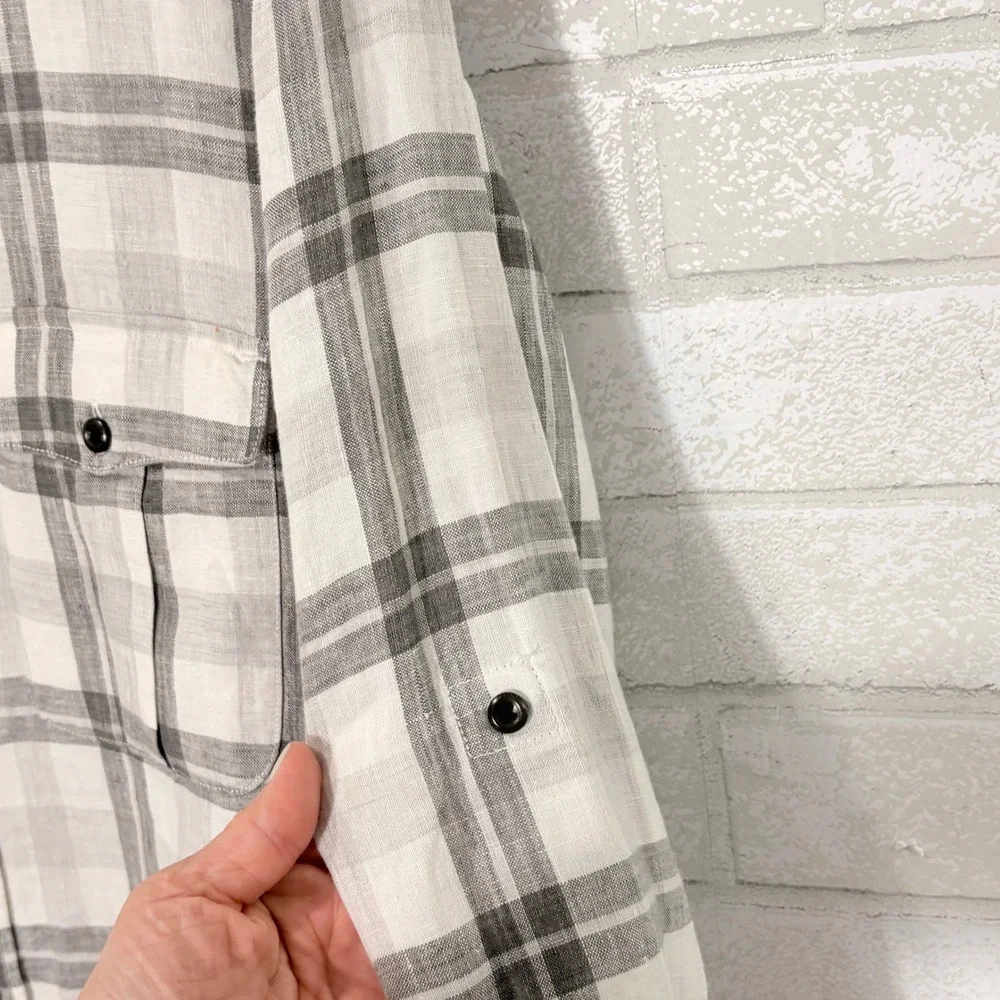Banana Republic Men Linen Button Down Shirt Large Plaid Tailored Slim Fit Pocket